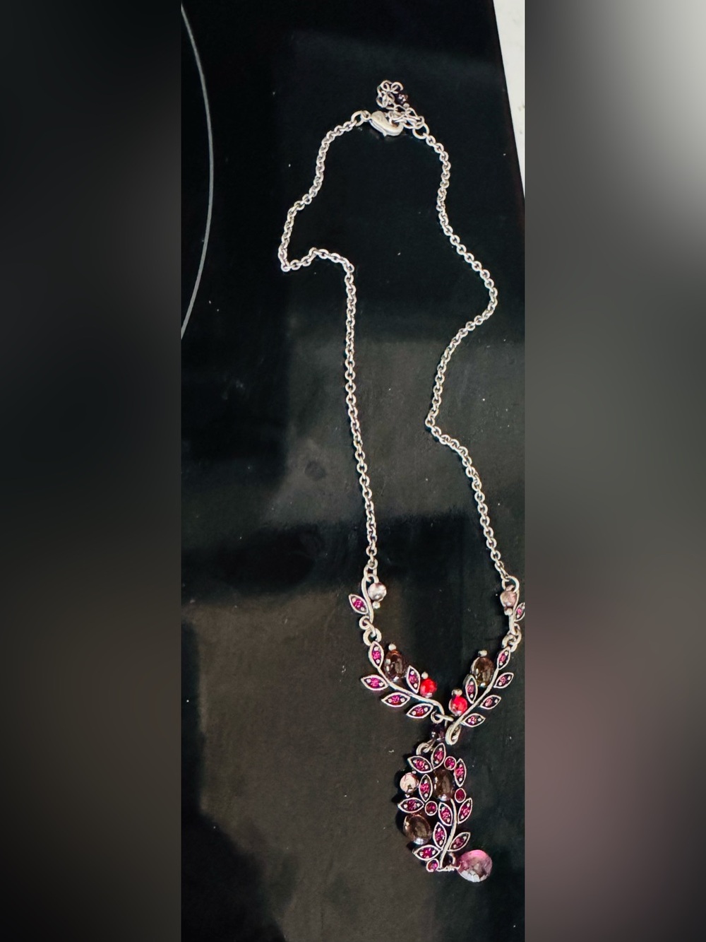 Silver-Tone Pink & Red Crystal Leaf Necklace
